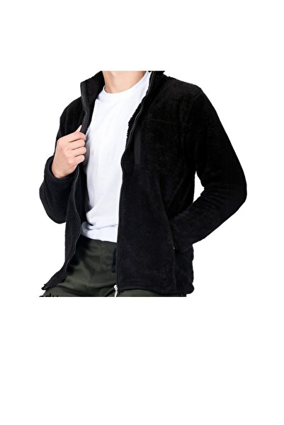 aryam butik Palton negru pentru bărbați guler ridicat din pluș cu fermoar în față