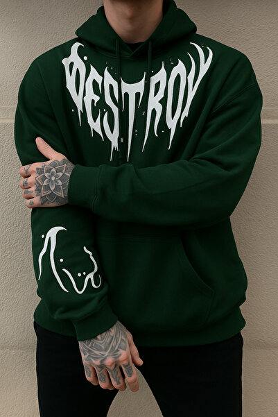 CLASSY.MODA 3-Thread Fleece with Oversized Pockets, Gothic'Destroy' Lettering B Printed Sweatshirt