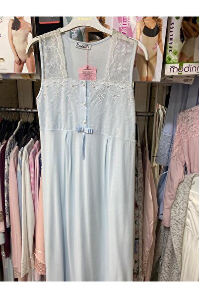LİMİSSİ 1038 Mavi Kolsuz Hamile Lohusa Dantelli Gecelik