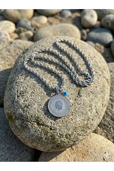 xmx “Erkek Kadın Çelik Para Baskı Madalyon Kolye – Nazar Boncuklu Gümüş Renk ...