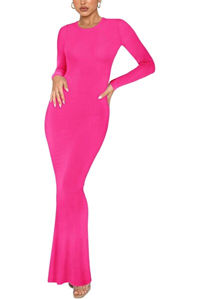 REORIA Women's Long Sleeve Ribbed Bodycon Maxi Dress Pink XS