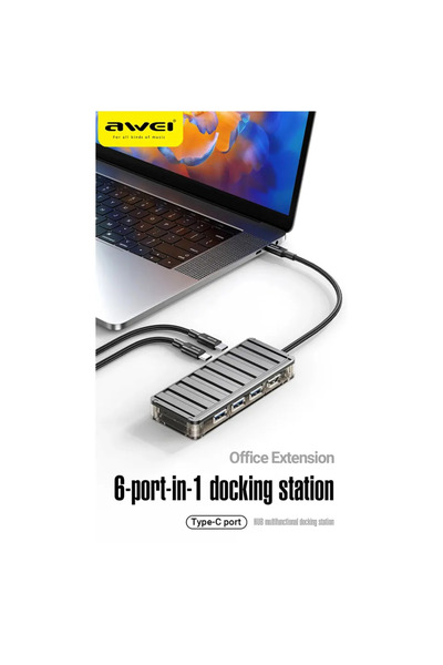 AWEI HUB-2 6-in-1 Docking Station, 5Gbps, 4K30Hz HDMI, 100W PD, Gray