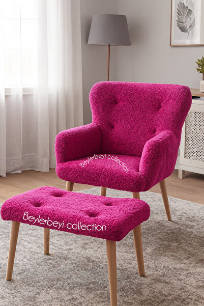 BEYLERBEYİ Tekli koltuk, ayak uzatmalı puf hediyeli, fuşya peluş kumaş,çay seti koltuk takımı, tekli berjer