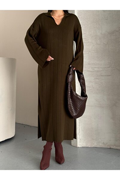 Lovely butik Long Polo V-Neck Ribbed Slit Detail Winter Knit Dress