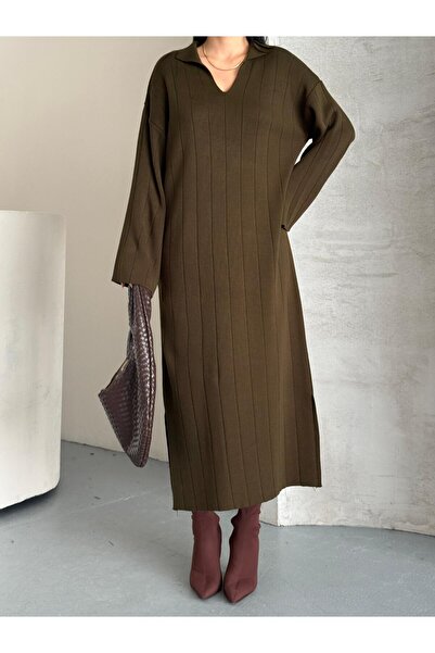 Lovely butik Long Polo V-Neck Ribbed Slit Detail Winter Knit Dress