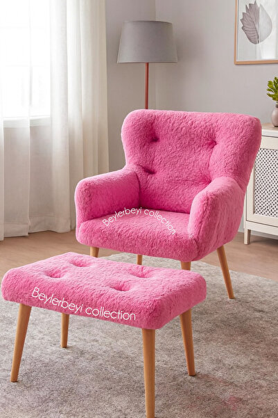 BEYLERBEYİ Tekli koltuk, ayak uzatmalı puf hediyeli, pembe peluş kumaş çay seti koltuk takımı, tekli berjer