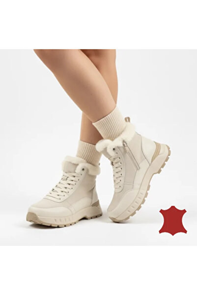 virboti Women's casual beige fur-lined boots, leather with thick sole F001-878