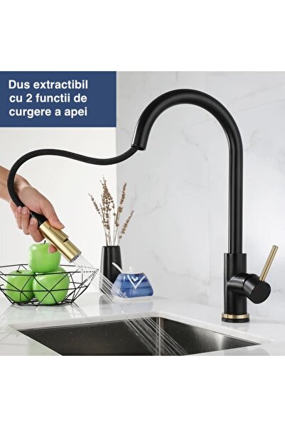 Saharina Baterie Black Gold, profesională, extractibilă, 2 tipuri de debit de apă, cartuș ceramic, control tactil