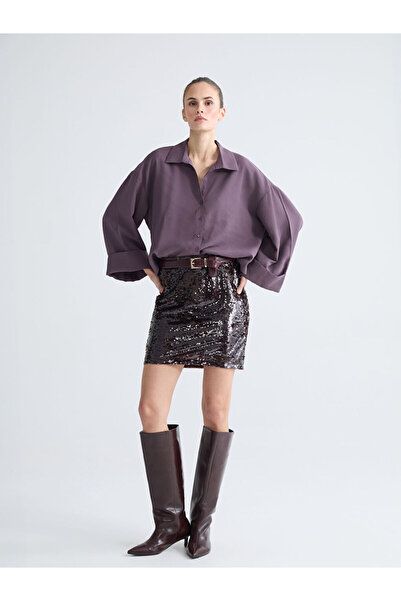 LC Waikiki Burgundy Zippered Sequined Mini Skirt