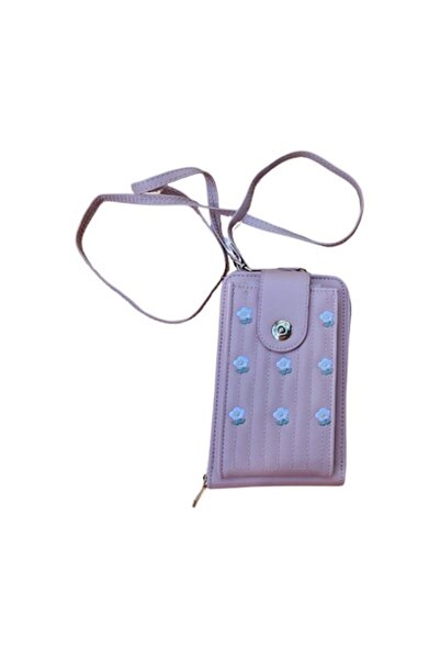 OEM Women's wallet-style bag with phone compartment, -leather, pink with flowers