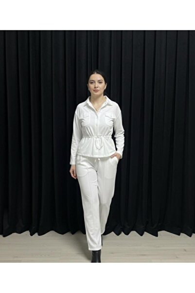 DEMOİSELLE Women's Stretch Fabric Double Pocket Steel Interlock Bluzz Shirt Pants Set