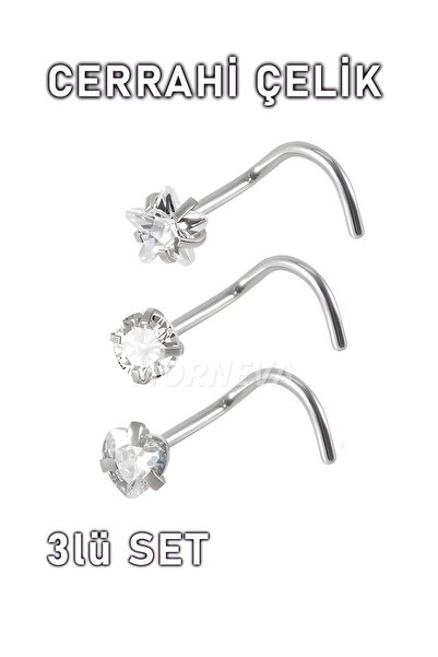 MORNEVA Cerrahi Çelik | Kalp,Yıldız,Daire Taşlı Spiral Kancalı Burun Piercingi Hızma Set