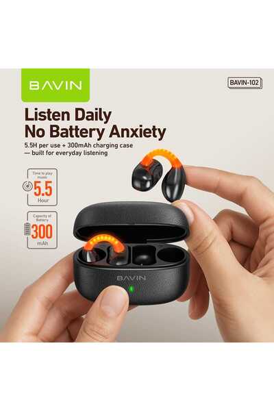 Bavin TWS Bluetooth open-ear earbuds with touch control, LED lighting, AI voice assistant, and translation.