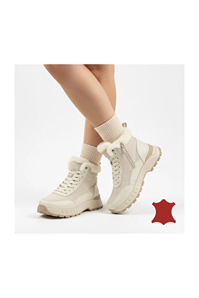 virboti Women's casual beige fur-lined boots, leather with thick sole F001-878