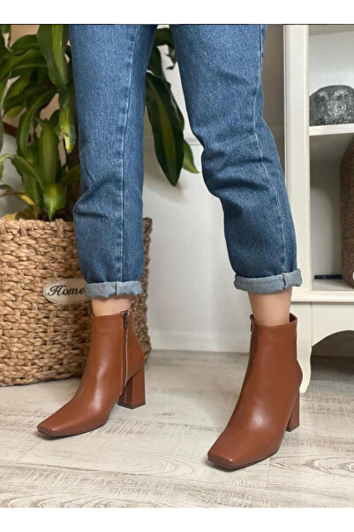 apelles Shoes Loli Taba Yandan Fermuarlı Küt Burun Kısa Bot Topuk Boyu 8 cm