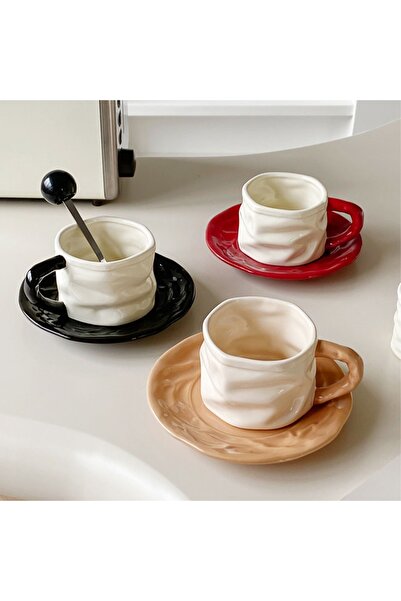 Generic Ceramic coffee cup and saucer + ball-shaped spoon (black)
