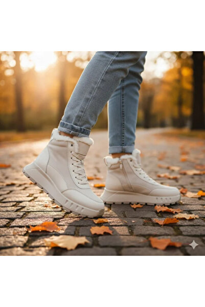 virboti Women's casual beige fur-lined boots, leather with thick sole F001-878