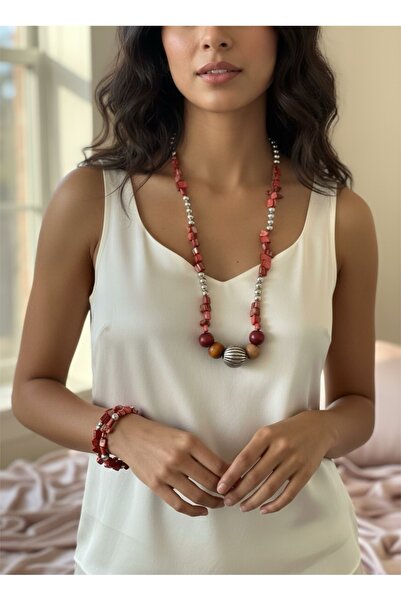 COCOSH TAKI Coral Red Stone Silver Detailed Necklace Multi Bracelet Set