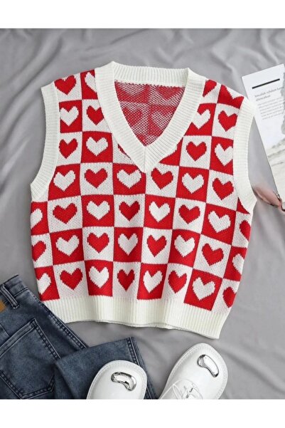 MODASPARK Kırmızı Kalpli V Yaka Regular Kadın Süveter