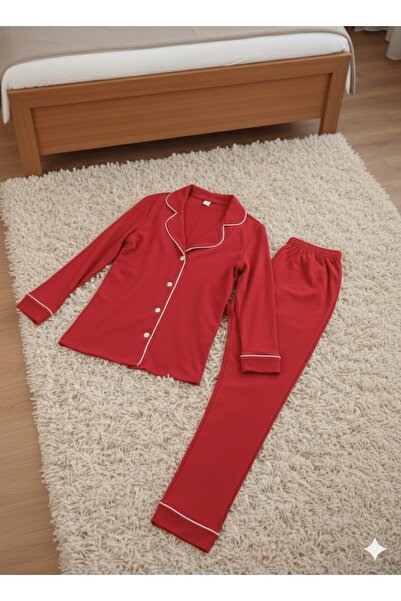 White Velvet Long Sleeve Modal Cotton Piped Button Women Burgundy Pajama Set