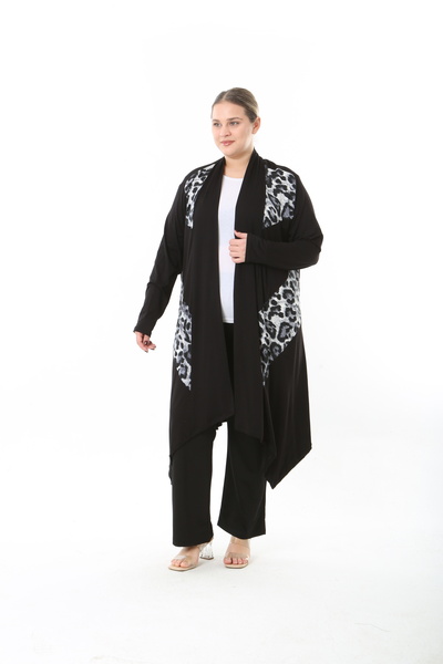 XL Modam Women's Lycra Viscose Black Patterned Plus Size Cardigan