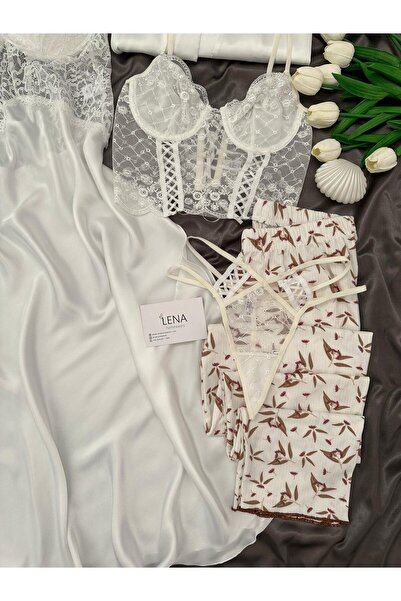 Lena Homewears Σετ πολυτελείας νυφικής προίκας Serente Ecru 6 τεμαχίων, γιγαντιαία πιτζάμα, νυχτικό, εσώρουχα