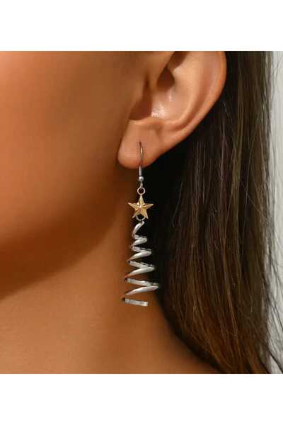 sarıyer silver New Year Christmas Pine Tree Spiral Cut Star Figured Steel Dangle Earrings 2026 Themed Couple Earrings