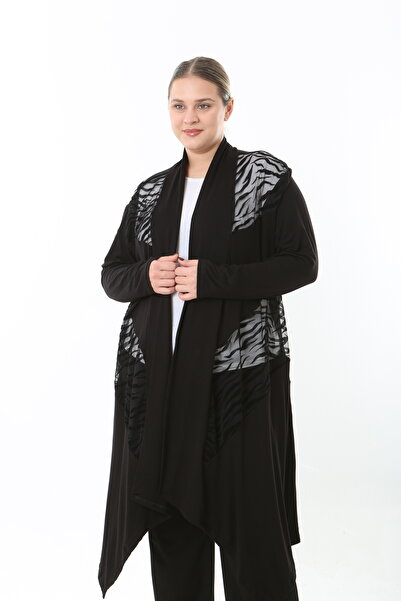 XL Modam Women's Lycra Viscose Black Patterned Plus Size Cardigan