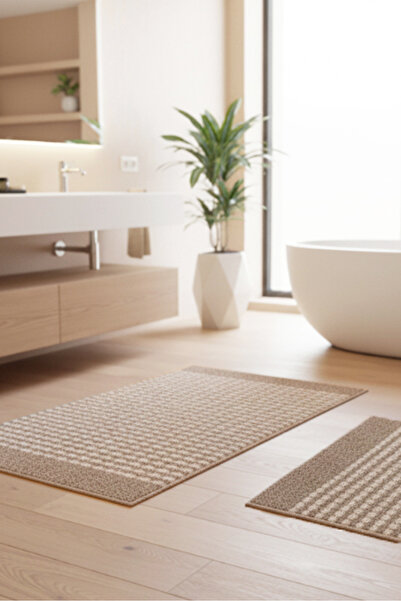 MELARİS HALI طقم سجادة حمام مكون من قطعتين، سطح منسوج قابل للغسل، قاعدة غير ق...