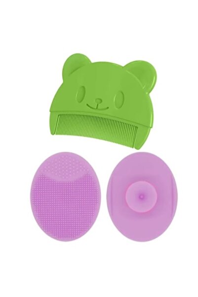 SUPER TRENDS Soft Silicone Baby Bath Brush and Comb Set, Crust Removal, Milk, Green, Purple