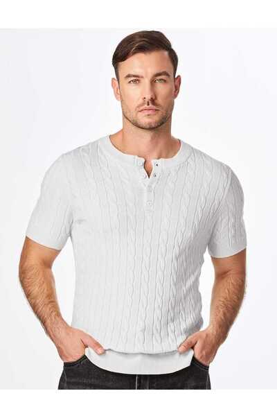 youknitwear you Luciano 100% Cotton Crew Neck Buttoned Knitwear T-Shirt