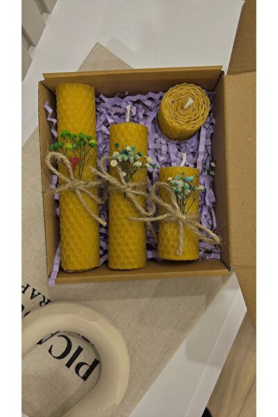 petek atölyesi Doğal Sarma Bal Mumu Mum Seti – 3’lü Dekoratif Balmumu Mum (14...