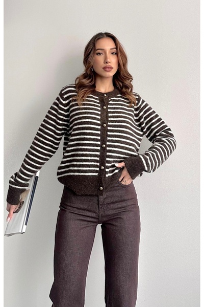 fujya Gold Buttoned Striped Stylish Knitwear Cardigan