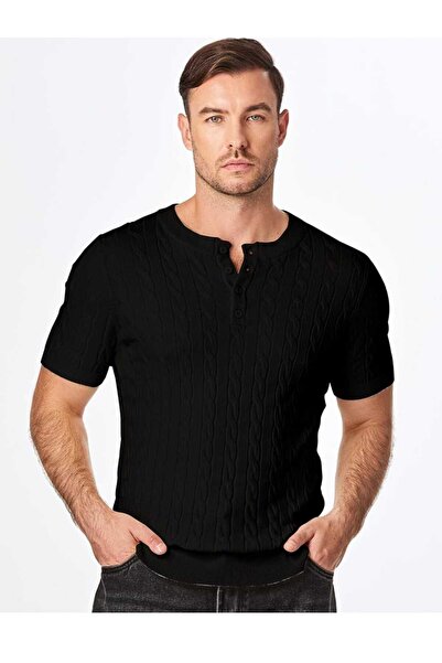 youknitwear you Luciano 100% Cotton Crew Neck Buttoned Knitwear T-Shirt