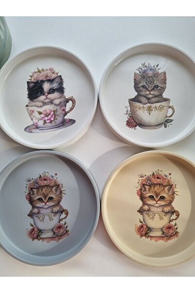 GenelTedarik Dekoratif Tabak Kedi Desenli El Yapımı Tabak Sunum Tepsisi