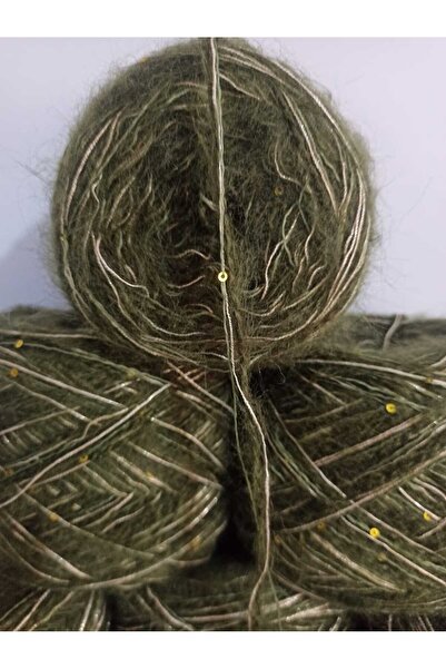 İPEK YÜN İPLİK DÜNYASI Moher Knitting Yarn (Khaki Green) Sim (Gold) Koton (Gold Sequins, Khaki) Mix 100Gr
