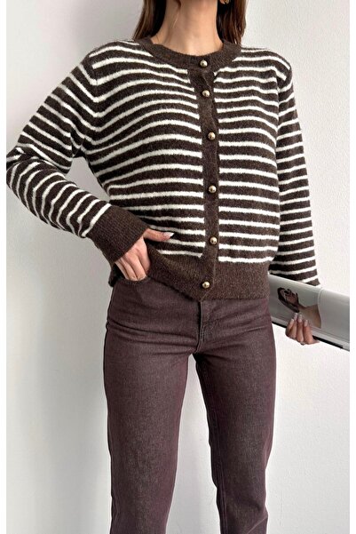 fujya Gold Buttoned Striped Stylish Knitwear Cardigan