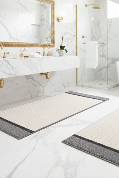 MELARİS HALI طقم سجادة حمام مكون من قطعتين، سطح منسوج قابل للغسل، قاعدة غير ق...