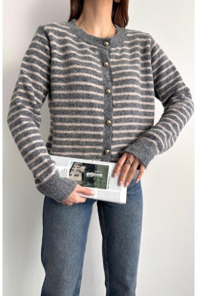 fujya Gold Buttoned Striped Stylish Knitwear Cardigan