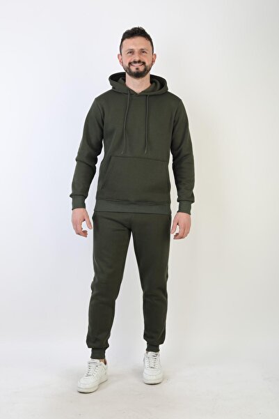 NEW YEAR FİT Plain Hooded Three Thread Sh Fleece-Lined Men's Tracksuit Set