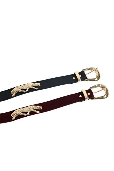 Sun Pieces Santo Black Vegan Leather Women's Belt, Gold Color Accessory Belt, Faux Leather Tiger Accessory Belt