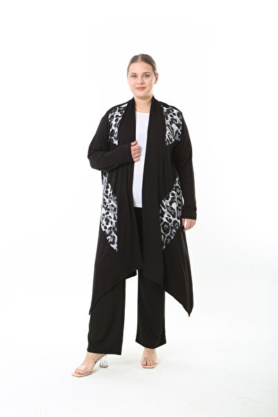 XL Modam Women's Lycra Viscose Black Patterned Plus Size Cardigan