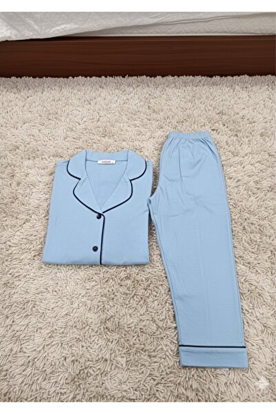 White Velvet Long Sleeve Modal Cotton Buttoned Women Blue Color Black Piped Pajama Sets