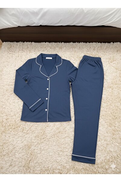 White Velvet Long Sleeve Modal Cotton Piped Button Women's Navy Blue Pajama Set