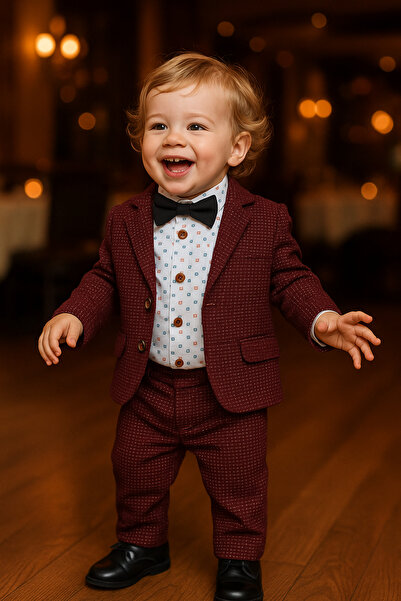 KTS Bordo Erkek Çocuk Takım Elbise – Ceket Pantolon Gömlek Papyonlu Düğün & Özel Gün Kombini