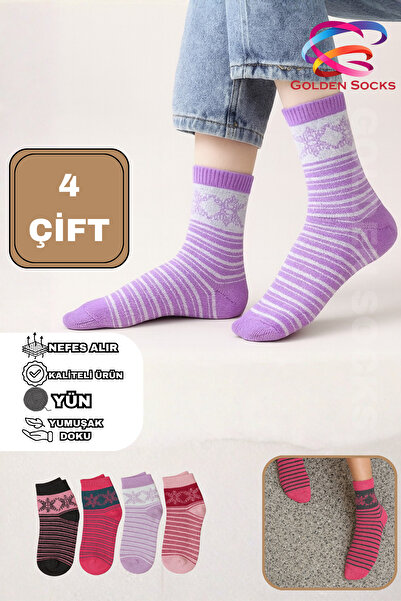 GOLDEN SOCKS 4 Çift Yünlü Kışlık Çorap Seti Kadın Desenli Yumuşak Nefes Alan ...