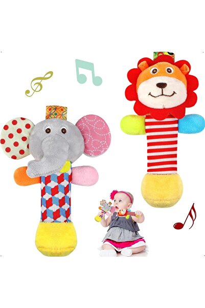 X SPRING Soft Baby Rattles - 2-Pack Elephant & Lion, Hand-Grip Sensory Toys for 0-6 Months