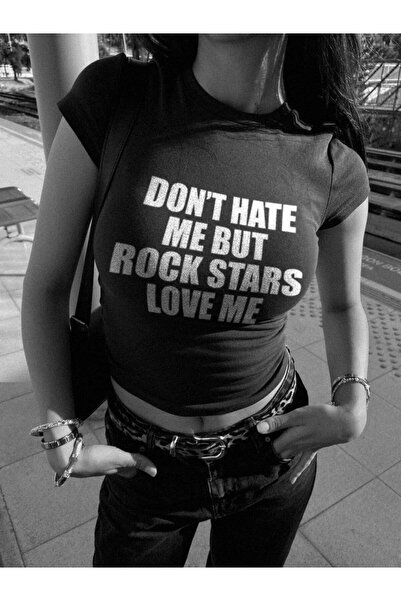 RF Studio Rock Star Baskılı Siyah Baby Tee Crop Top T-shirt