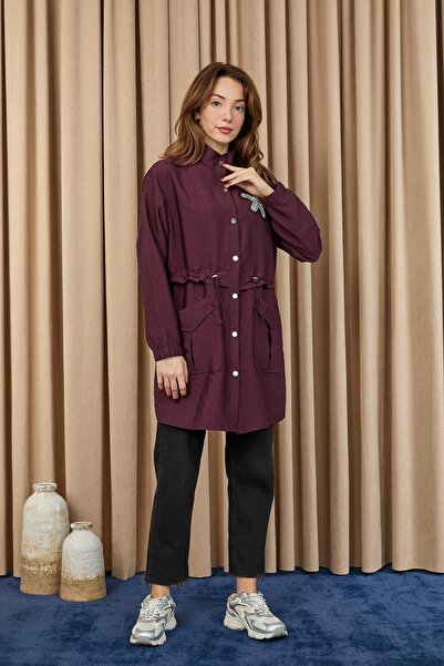 Puane Taş Detaylı Paraşüt Kumaş Trenç Gömlek