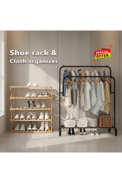 Primo Plus رف ملابس متعدد الوظائف مزدوج القطب باللون الأسود لغرفة النوم مع رف أحذية قابل للطي من الخيزران بخمس طبقات